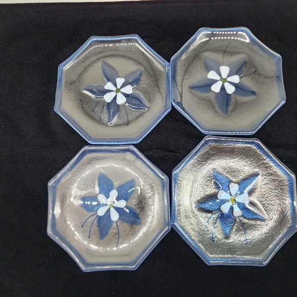 Fused Glass Plates Blue Flowers & Rim Octagon Shaped 8" Diameter Set of 4 VTG - Picture 4 of 10